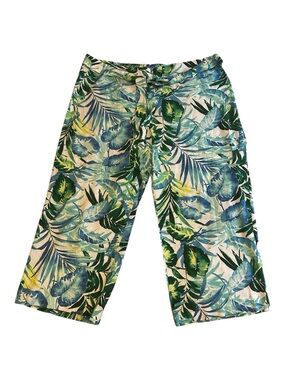 cooper & ella Tropical Palm Print  Linen Blend Crop Wide Leg Pants L